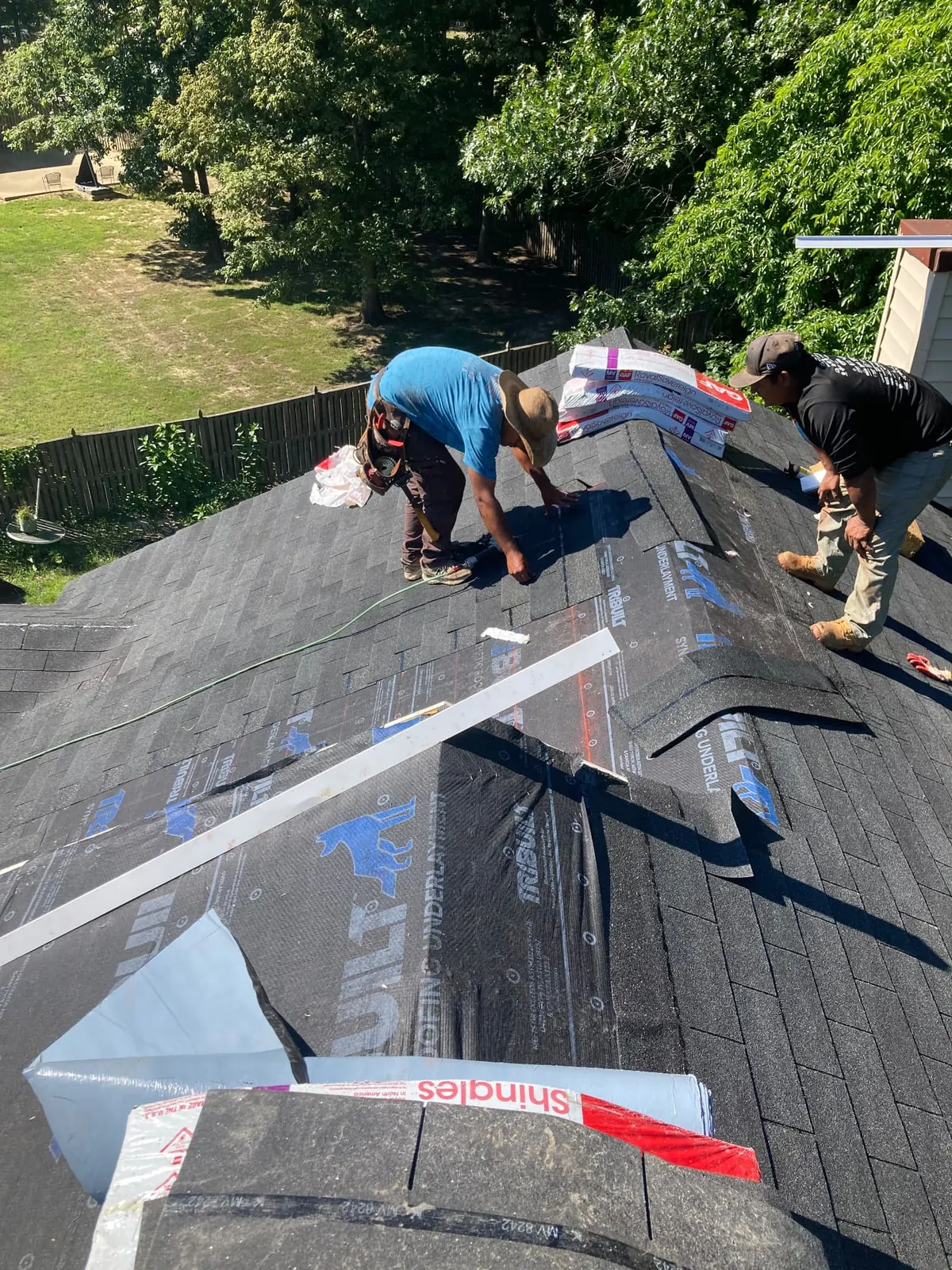 Maryland roof replacement in progress — EMC Response roofers installing synthetic underlayment and GAF architectural shingles