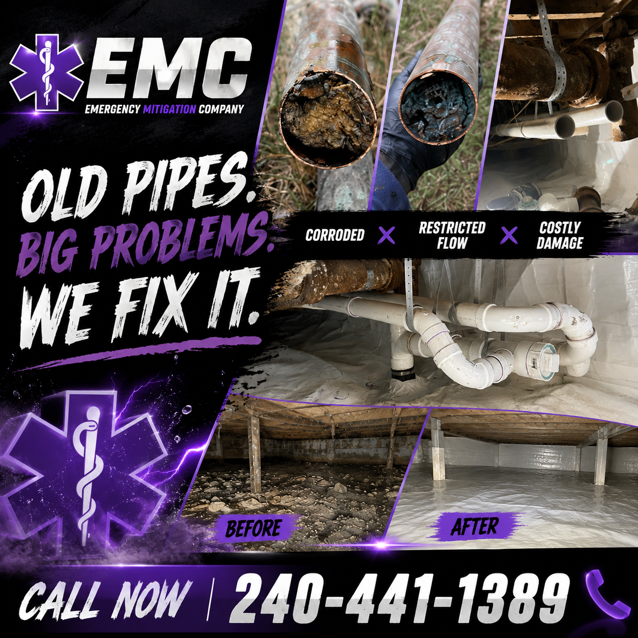 Plumbing repipe in Maryland — EMC Response flyer for corroded supply and drain line replacement in MD, DC and Northern Virginia