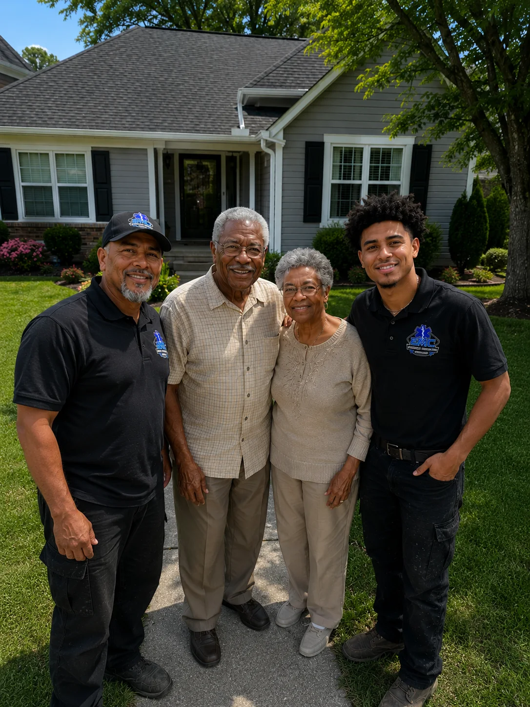 EMC Response technicians standing with Maryland homeowners in front of their finished home after a completed restoration