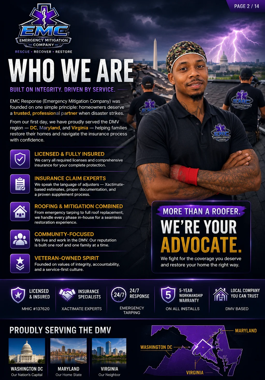EMC Response company overview — licensed, bonded, and insured, insurance claim experts, roofing and mitigation combined, 24/7 emergency response across Washington DC, Maryland, and Virginia