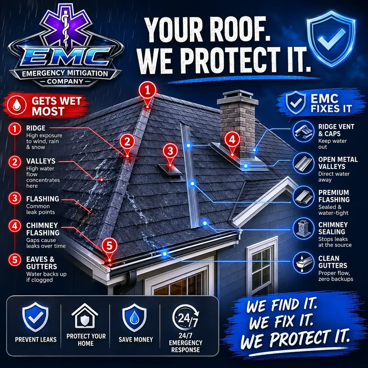 EMC Response roof guide showing where roofs get wet most — ridge, valleys, flashing, chimney and gutters — and how EMC fixes each