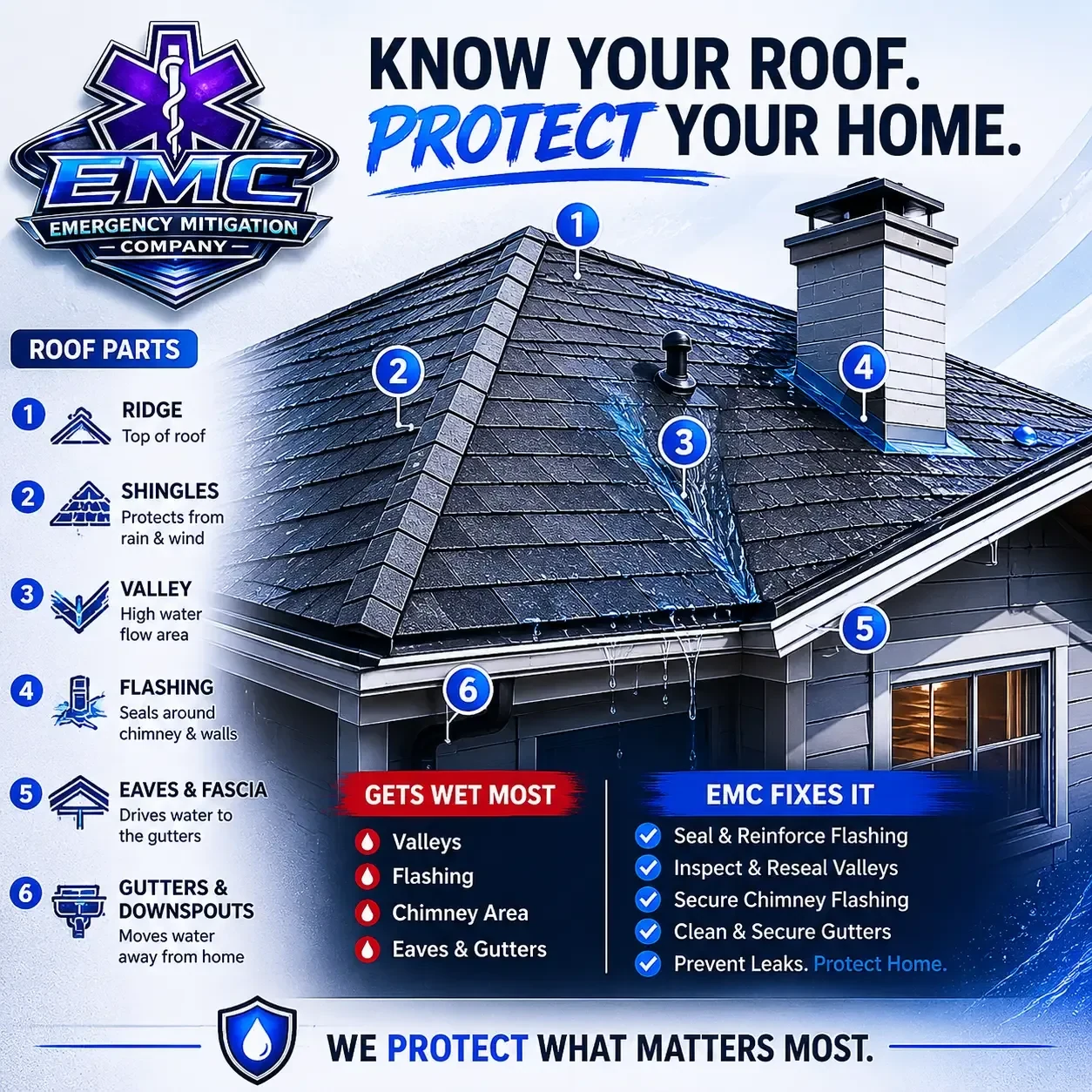 Know your roof — EMC Response diagram of roof parts including ridge, shingles, valley, flashing, eaves and gutters