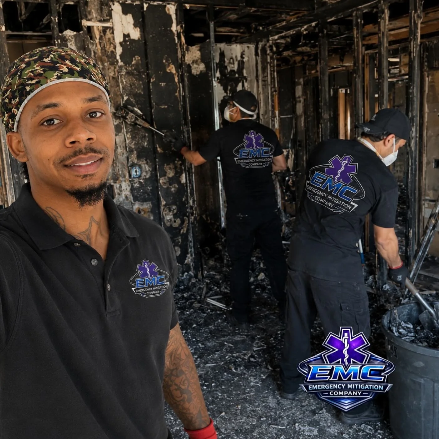 EMC Response crew in respirators stripping charred framing on a Maryland fire damage claim