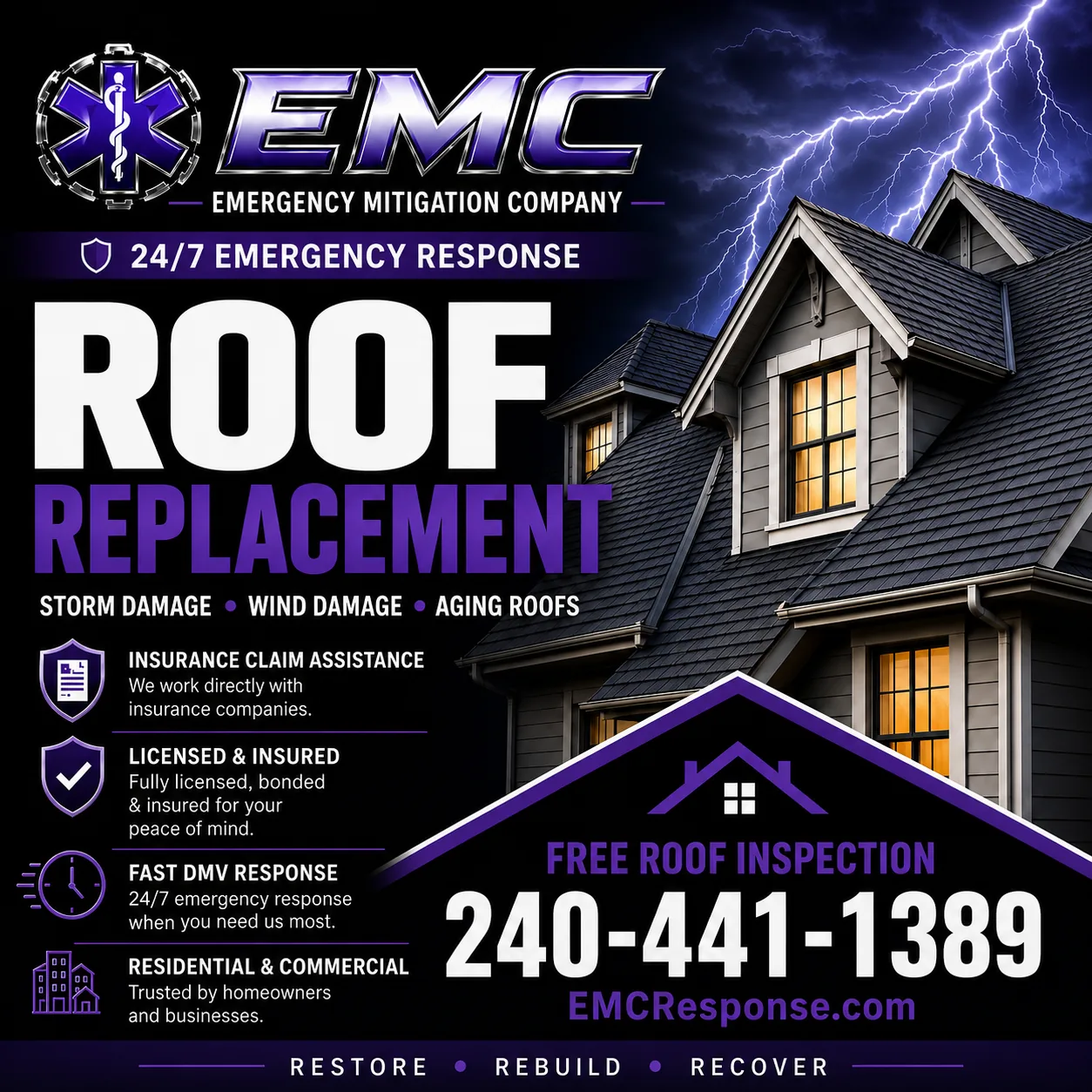 Roof replacement in Maryland — EMC Response flyer for storm, wind and aging roof insurance claim assistance in MD, DC & VA